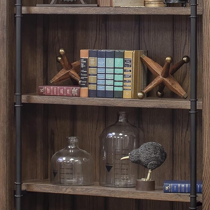 Martin Furniture Avondale 120" W Contemporary Wood Bookcase Wall with Ladder Storage Organizer Display, 5 Adjustable Shelves, Ringed Steel Frame, Fully Assembled, in Brown Finish