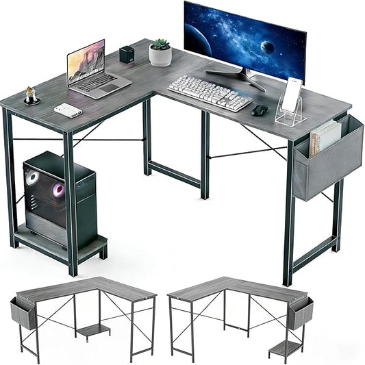 L Shaped Desk, 50 Inch Reversible Computer Desk Corner Gaming Table with CPU Stand & Storage Bag, Sturdy Metal Frame PC Workstation for Home Office