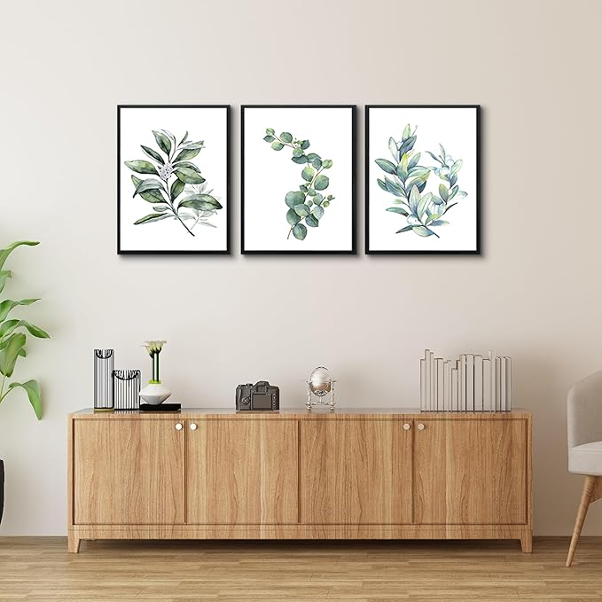 hyidecorart Black Framed Wall Art For Bedroom Wall Decor For Living RoomPlants Green Leaves Painting Bathroom Walls Pictures Kitchen Wall Decorations Office Decor Set Of 3 Piece Framed Prints Art