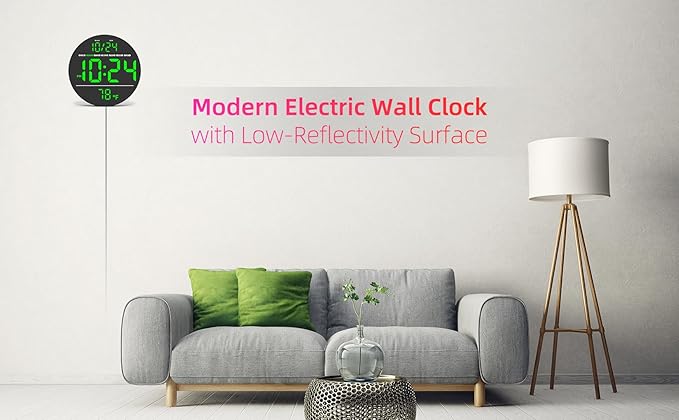 Digital Wall Clock with Large LED Display, Date, Temperature, Auto-Brightness | Small [PLUG-IN] Clock | Modern Electric Wall Clock for Bedroom, Classroom, Living Room, Home, Office, Farmhouse – Green
