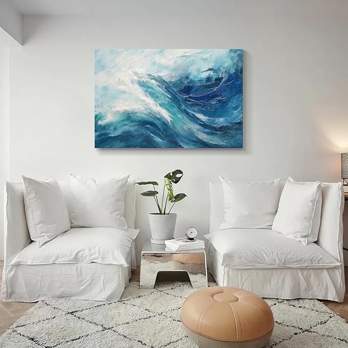 gaosoul Canvas Print Modern Abstract Ocean Paintings Blue and White Wall Art Poster or Living Room Bedroom Hallway Office Decoration 48x32in