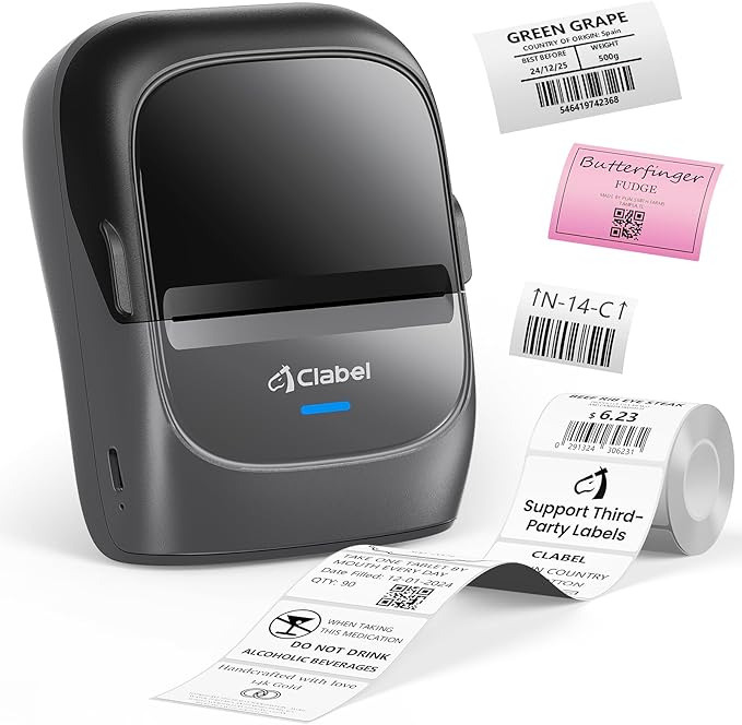 CLABEL Label Maker Machine with Tape, 221B Thermal Bluetooth Label Printer 2 Inch Portable Barcode Inkless Sticker for Small Business, Retail Office,Office, Home, Came with 1 Roll Label (Grey)