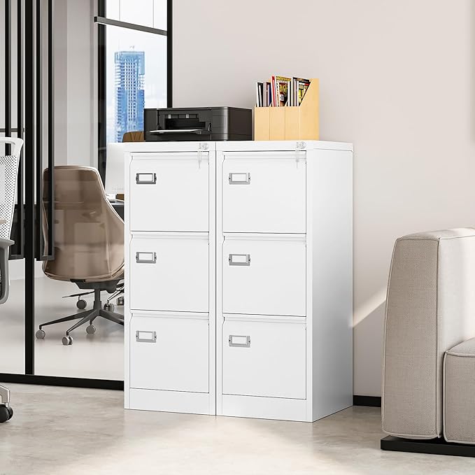 STANI Metal Vertical File Cabinet with Lock，Narrow Filing Cabinets Hanging Files Letter/Legal/A4 Size, Metal Storage Cabinet for Home Office, Assembly Required (White, 3-Drawer)