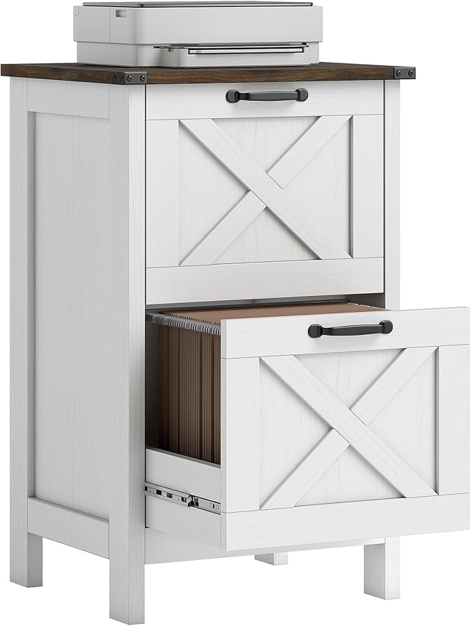 HOMCOM 2 Drawer Vertical File Cabinet with Silent Slides, Rustic Farmhouse Filing Cabinet with Barn Doors for A4/Letter Size, Printer Stand with Storage for Home Office, Distressed White