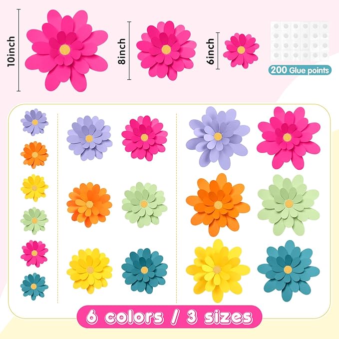 18 Pcs Paper Flowers Decorations for Wall DIY Flower Bulletin Board 3D Fiesta Paper Floral Backdrop Decoration for Photo Backdrop Classroom Back to School Party(Multicolor)