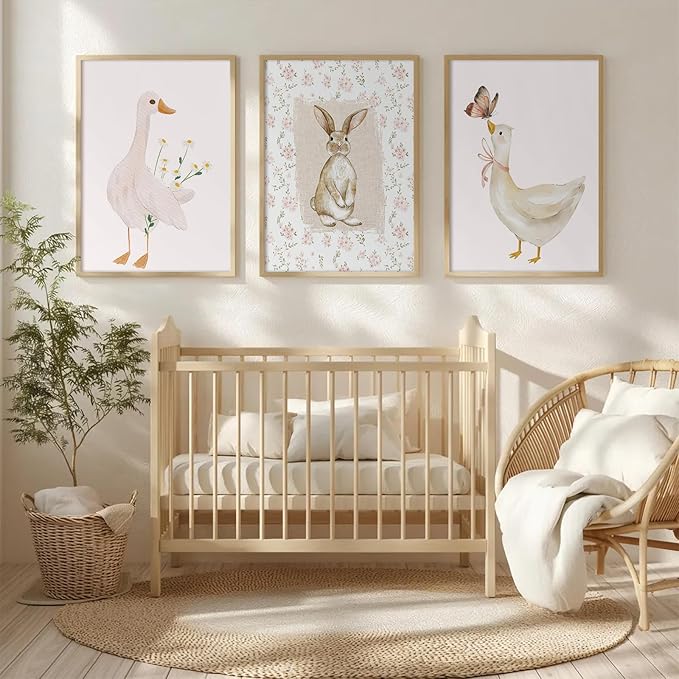 Vintage Nursery Wall Art Goose Canvas Poster Coquette Wall Decor Baby Girl Painting Kids Poster Bunny Rabbit Prints Cute Animal Pictures Duck Artwork for Bedroom Living Room 16x24x3 Inch Unframed