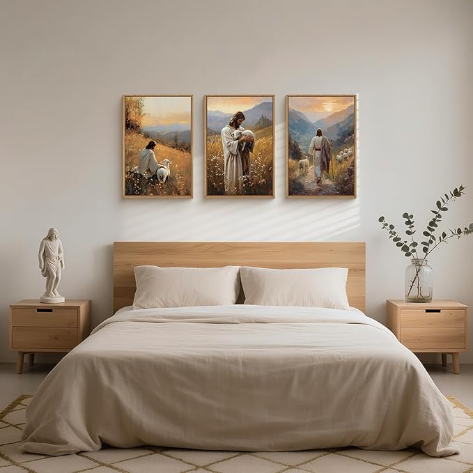 HOURIA Jesus Christ Easter Leaves The 99 Sheep Framed Canvas Wall Art Set,Christian Embraces The Lost Sheep Decor,Religious Bible Verse Resurrection Artwork for Church,Prayer Room,Home- 16"x24"x3