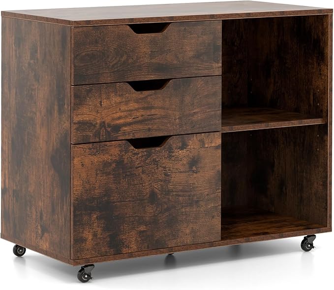 3 Drawer File Cabinet, Wood Lateral Filing Cabinet for Hanging Letter, A4, Legal Size, Rolling Printer Stand with Adjustable Shelf, Under Desk Storage for Home Office (Brown)