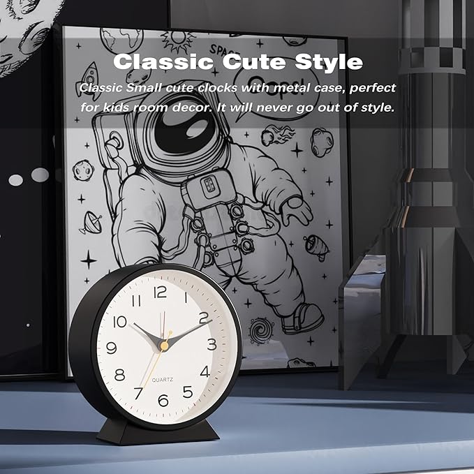 AYRELY® 4.5" Analog Alarm Clock,Small Retro Desk Clock Battery Operated,Slient Metal Table Clock with Light for Living Room Decor,Bedroom,Bedside,Shelf (Black)