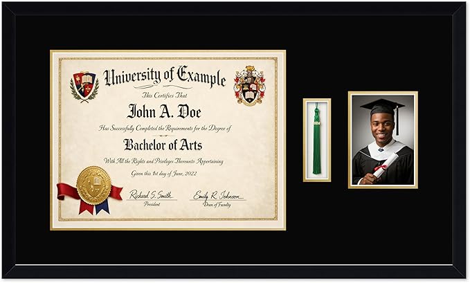 CountryArtHouse Diploma Tassel and Photo Shadowbox Fits 17 x 13 International Diploma with Tassel Hook and Matte Black Genuine Hardwood with Black Over Metallic Gold Double mat