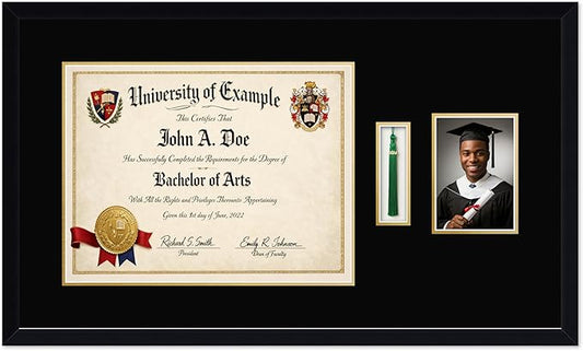 CountryArtHouse Diploma Tassel and Photo Shadowbox Fits 17 x 13 International Diploma with Tassel Hook and Matte Black Genuine Hardwood with Black Over Metallic Gold Double mat