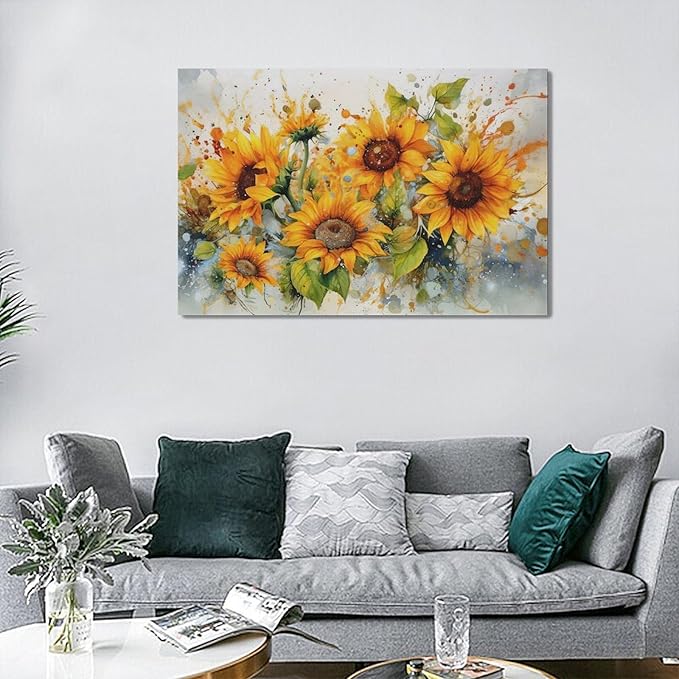 yerretin Sunflower Wall Art Watercolor Pictures Wall Decor Rustic Sunflower Canvas Farmhouse Print Artwork Home Decorations for Living Room Bedroom Bathroom Office Framed 24"x16"