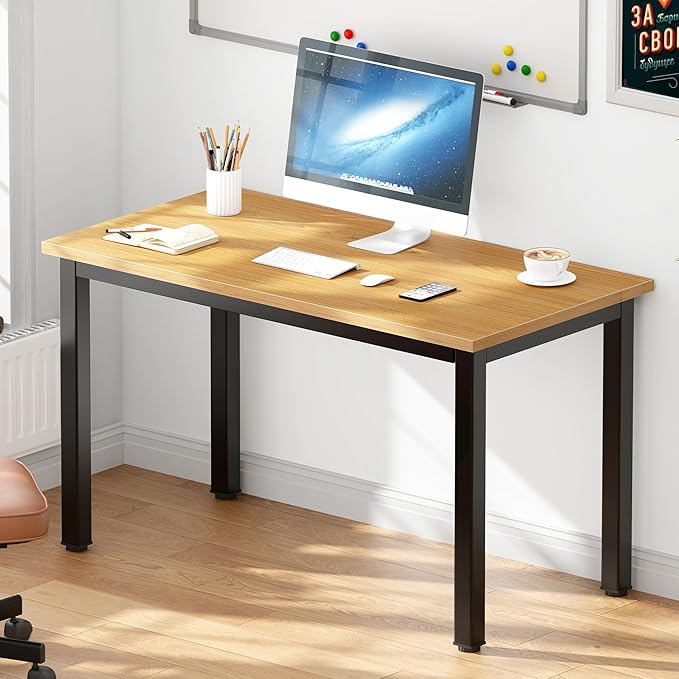 SogesHome 39 inches Computer Desk，Modern Simple Gaming Table with Metal Frame, Study Writing Desk Workstation for Home Office Use, Teak and Black