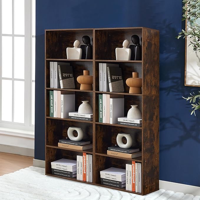 Bookshelves and Bookcases,5-Tier Double Open Storage Shelf, Floor Standing Display Storage Shelves for Home Office, Living Room, Bedroom, Brown