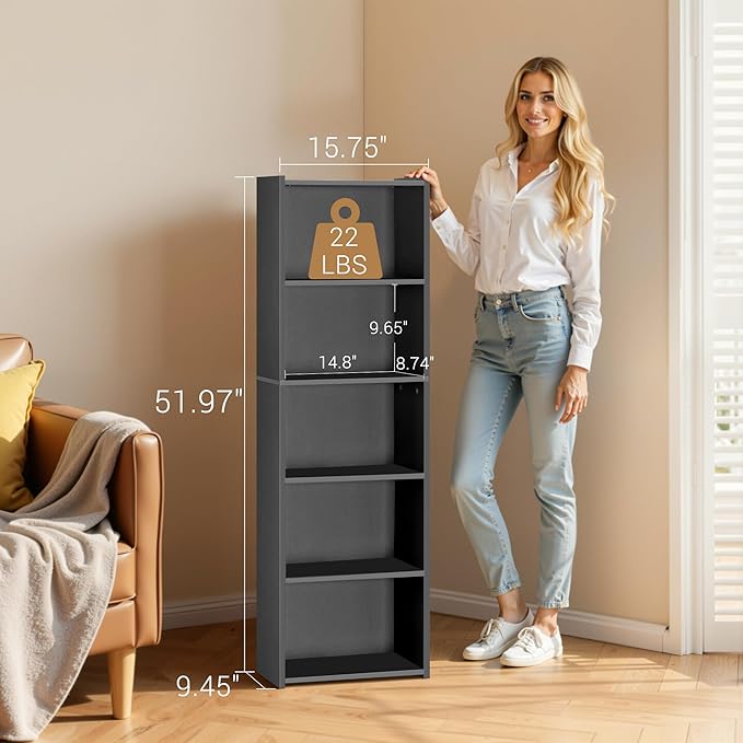 ZENY 5-Tier Shelf Bookcase, Freestanding Wood Storage Display Open Bookshelf for Home Office (Black)