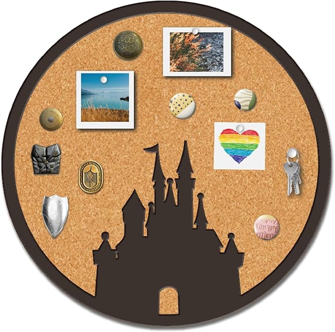 CRASPIRE Castle Pin Cork Board Round Framed Bulletin Display Badge 9.8x9.8 Wood Purple Decorative Corkboard Wall Mounted Memory Brooch Lapel Holder Storage for Home Room School Classroom Party
