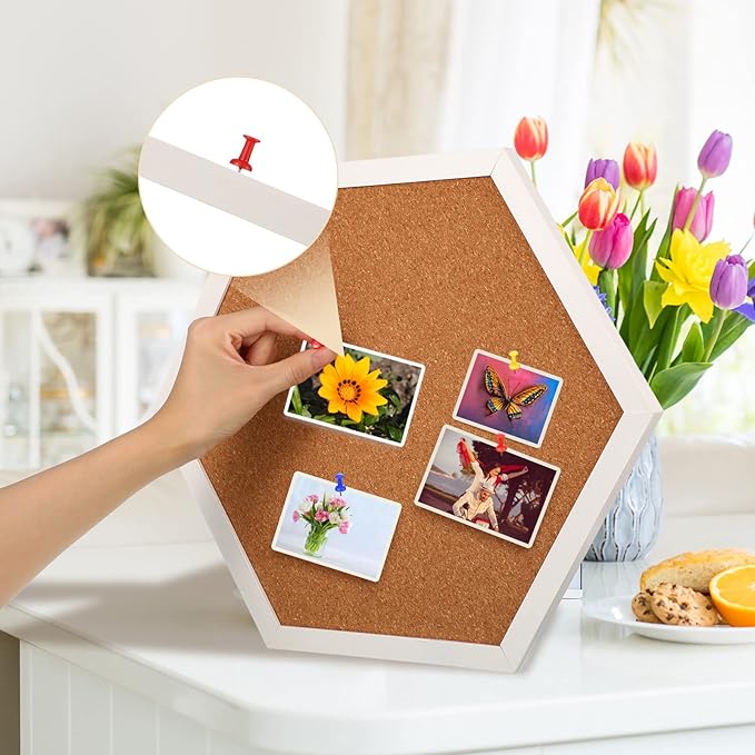 Treela 8 Packs Cork Bulletin Board with Frame, Decorative Linen Bulletin Cork Board Small Push Pin with 32 Push Pin 16 Clips for Office Welcome Back to School Wall Home Supplies(White,Hexagon)