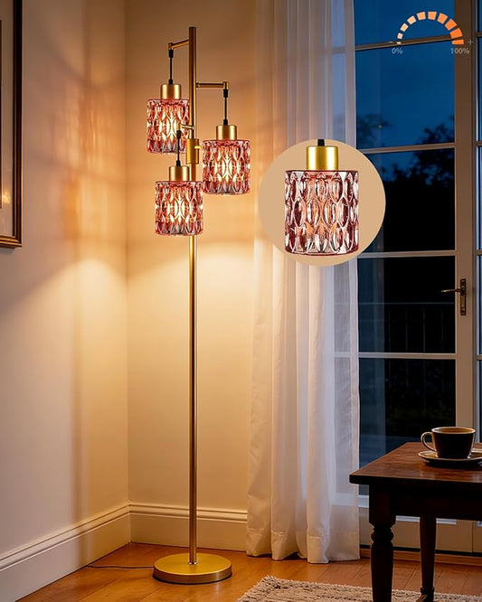 3-Light Floor Lamps for Living Room, Farmhouse Dimmable Gold Floor Lamp with Rose Red Glass Shade& Bulbs Included, Mid Century Standing Tall Lamp for Bedroom/Sofa Beside/Corner