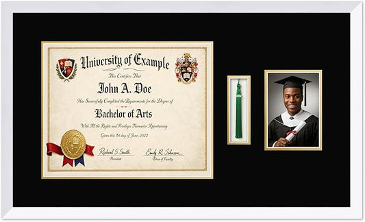 CountryArtHouse Diploma Tassel and Photo Shadowbox Fits 15 x 12 Military/Government with Tassel Hook and 5 Bright White Genuine Hardwood with Black Over Metallic Gold Double mat