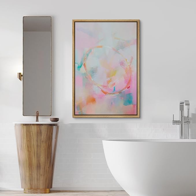 SIGNFORD Framed Canvas Print Wall Art Watercolor Blush Pink Teal Paint Abstract Geometric Illustration Minimalism Decorative Colorful Mid-Century for Living Room, Bedroom, Office - 24"x36" Natural