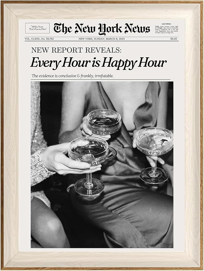 ASTRDECOR Framed Trendy NewsPaper Wall Art - Every Hour is Happy Hour, Retro News Prints Posters, New York Times Canvas Prints for Bar Cart Dorm Living Room Apartment Home Decor 12x16in