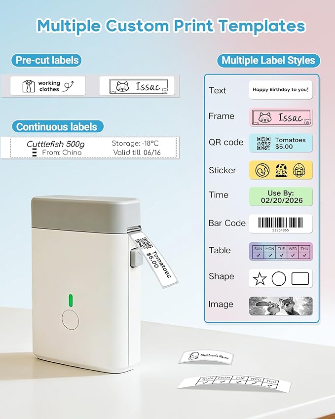 ORGBRO Label Maker Machine with Tape, DX1 Portable Bluetooth Label Printer for Home Office Organization, Support Pre-Cut & Continuous Labels, Inkless Thermal Small Labeler for School Kitchen, White