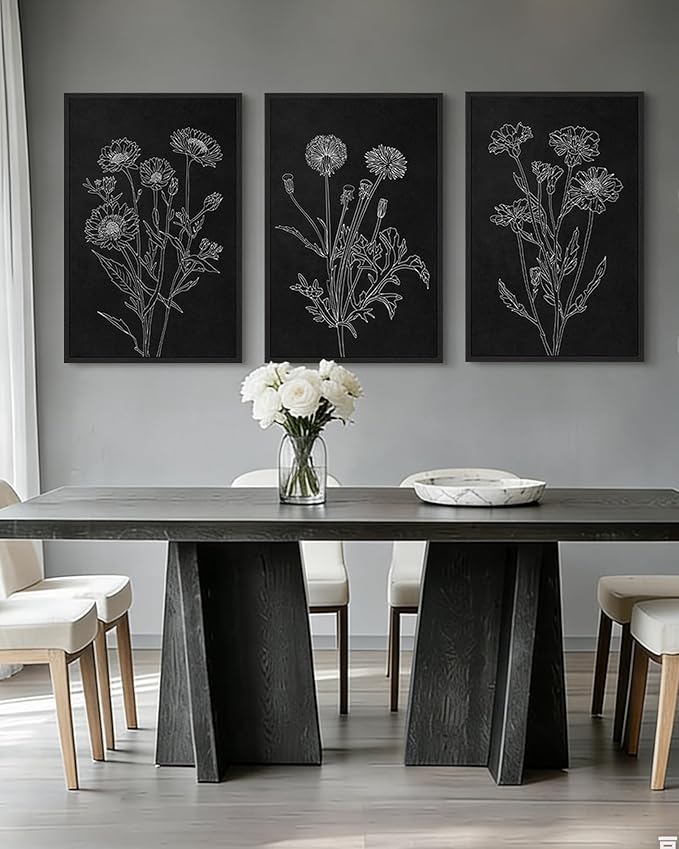 Drsoum Black White Flower Wall Art Vintage Minimalist Floral Wall Hanging Decor Bohemain Botanical Prints Artwork for Bedroom Living Room Hallway 24x36in Black Framed