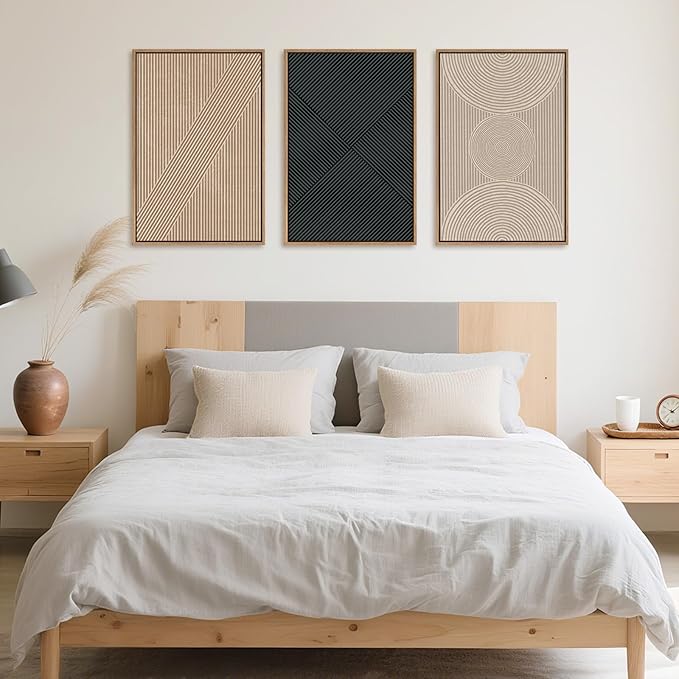 Ausril 3 Pcs Neutral Abstract Framed Wall Art, Mid Century Modern Canvas Wall Decor, Boho Geometric Line Wall Painting, Beige Minimalist Textured Art Print for Living Room Bedroom Office - 24x36inch