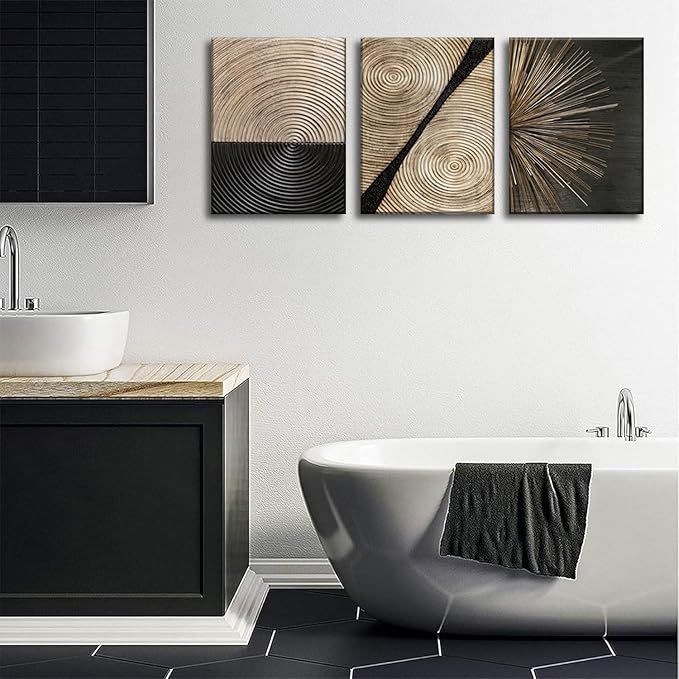 3Pcs Retro Wood grain Abstract Canvas Wall Art Minimalist Black Golden Line Texture Wall Decor Pictures Neutral Geometric Beige Brown Poster Prints for Living Room Bedroom Home Decoration 12x16in