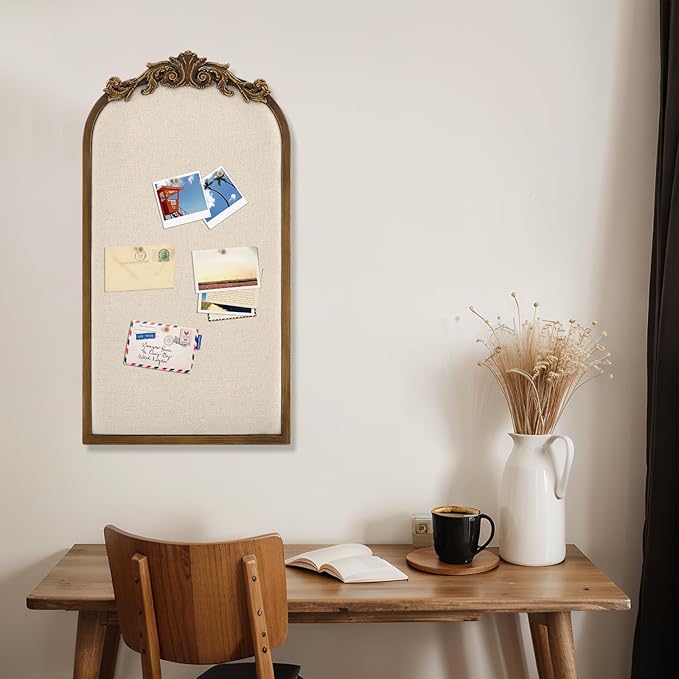 Vintage Framed Pin Board Linen Display Bulletin Board Large Cork Fabric Picture Photo Pinboard Memo Ornate Decorative Pinboard Ornate for Wall Gift(Arch,13" X 25",Vintage Golden)