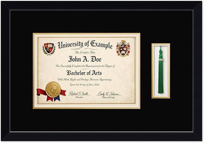 CountryArtHouse Diploma and Tassel Frame Fits 11.69 x 8.27 A4 Certificate with Tassel Hook Matte Black Genuine Hardwood Shadowbox with Black Over Metallic Gold Double mat