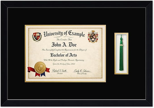CountryArtHouse Diploma and Tassel Frame Fits 11.69 x 8.27 A4 Certificate with Tassel Hook Matte Black Genuine Hardwood Shadowbox with Black Over Metallic Gold Double mat