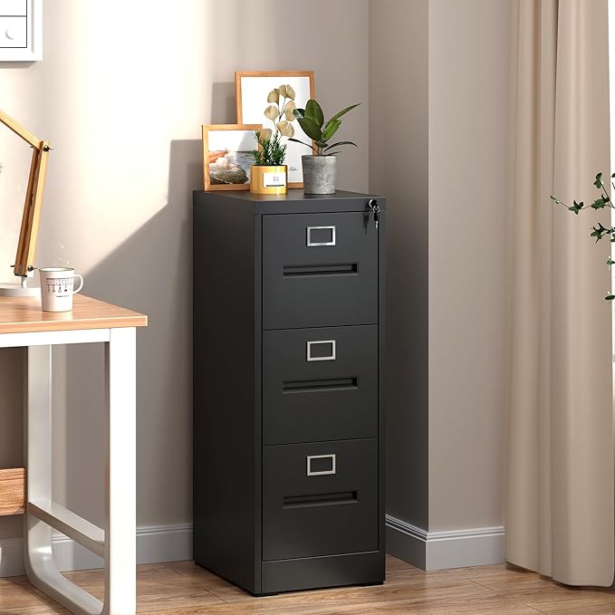 Black Metal File Cabinet with 3 Drawer,Vertical File Cabinet with Lock for A4/Letter/Legal Size Files,Steel Filing Cabinets for Home Office,Assembly Required