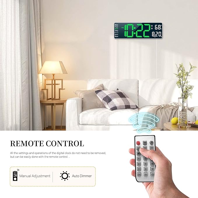 Digital Clock, Digital Wall Clock for Living Room Decor, Desk Alarm Clock for Bedroom, Large Wall Clock with Remote Control, Automatic Brightness Dimmer LED Clock with Date Temperature Week (Green-W)