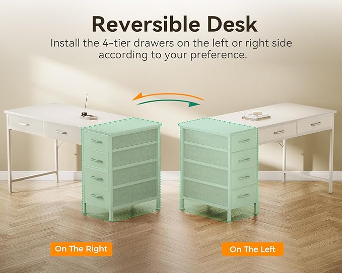ODK Computer Desk with 6 Drawers, 48 Inch Office Desk with Storage, Reversible Desk with Headphone Hook for Home Office, Work Study Table Vanity for Bedroom, White