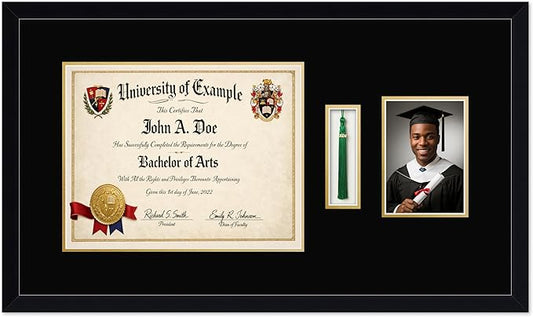 CountryArtHouse Diploma Tassel and Photo Shadowbox Fits 14 x 11 College Diploma (Modern) with Tassel Hook a Matte Black Genuine Hardwood with Black Over Metallic Gold Double mat