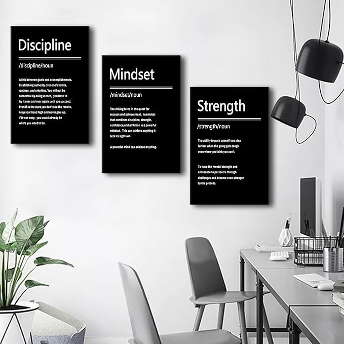 Motivational Poster Strength Discipline Mindset Inspirational Wall Art 3 Pieces Canvas Print Office Wall Decor Inspiring Affirmation Quotes for Living Room Gym Stretched and Framed [48''Wx 24''H]