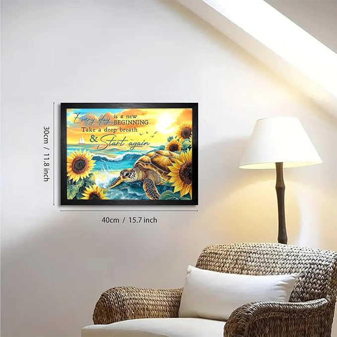 Sea Turtle Bathroom Decor Wall Art Black Framed Beach Blue Ocean Inspirational Quotes Pictures Wall Decor Canvas Painting Prints Artwork Home Decorations for Living Room Office Turtle Gifts 12"x16"