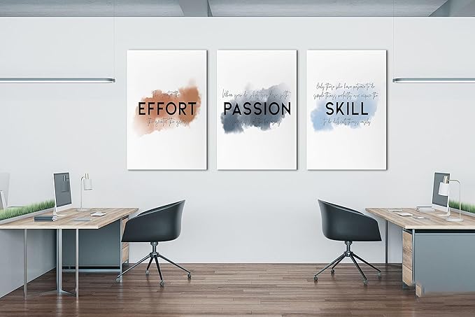 SHMAO Office Canvas Wall Art Motivational Wall Decor, 3 Piece Effort Passion Skill Print Pictures for Office Wall Decor Women Inspirational Framed Artwork Home Office Decor 24”x36”x3 Panels
