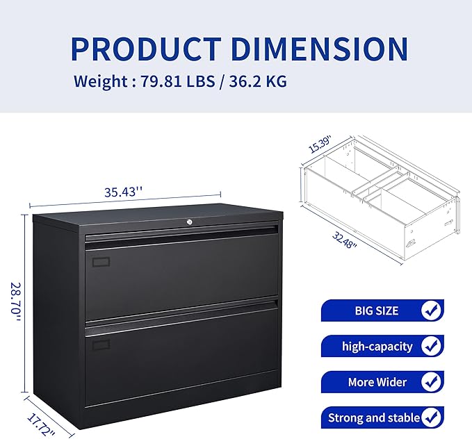 2 Drawer Filing Cabinet, Black Lateral File Cabinet with Lock, Lockable Metal File Cabinet for Home Office, Office File Cabinets for Legal/Letter/A4/F4 Size with Hanging Files&Key (Black(2 Drawer))