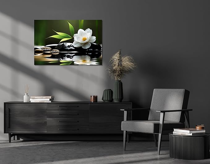 YIOZHAOFH Lotus Flower Wall Art Zen Canvas Inhale Exhale Poster Black Spas Nature Prints Pictures for Meditation Wall Decor Framed Artwork Ready to Hang (24.00" x 36.00")