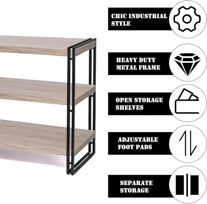 47" 3-Tier Bookshelf Rustic Wood and Metal Industrial Bookshelf for Home Office, Bedroom, Kitchen, Bathroom (Light Oak, 3-Tier)