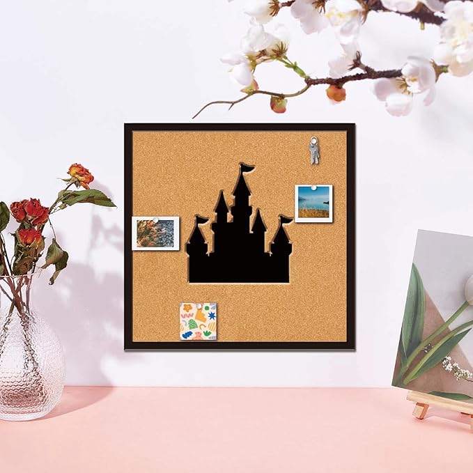 CRASPIRE Castle Pin Board 11.8x11.8In Thick Cork Board Square Wall Mounted Framed Bulletin Display Badge Wooden Decorative Corkboard Memory Memo Brooch Lapel Storage Jewelry for Home Classroom Wedding