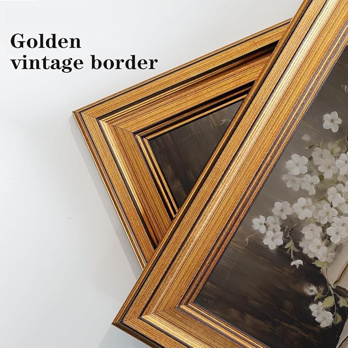 Gold Framed Wall Art Vintage Canvas Wall Art Moody Books and Flowers Dark Academia Decor Artwork Prints Picture for Living Room Bedroom Farmhouse Bathroom Office Decor, 16x24