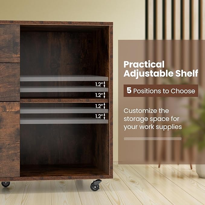 3 Drawer File Cabinet, Wood Lateral Filing Cabinet for Hanging Letter, A4, Legal Size, Rolling Printer Stand with Adjustable Shelf, Under Desk Storage for Home Office (Brown)