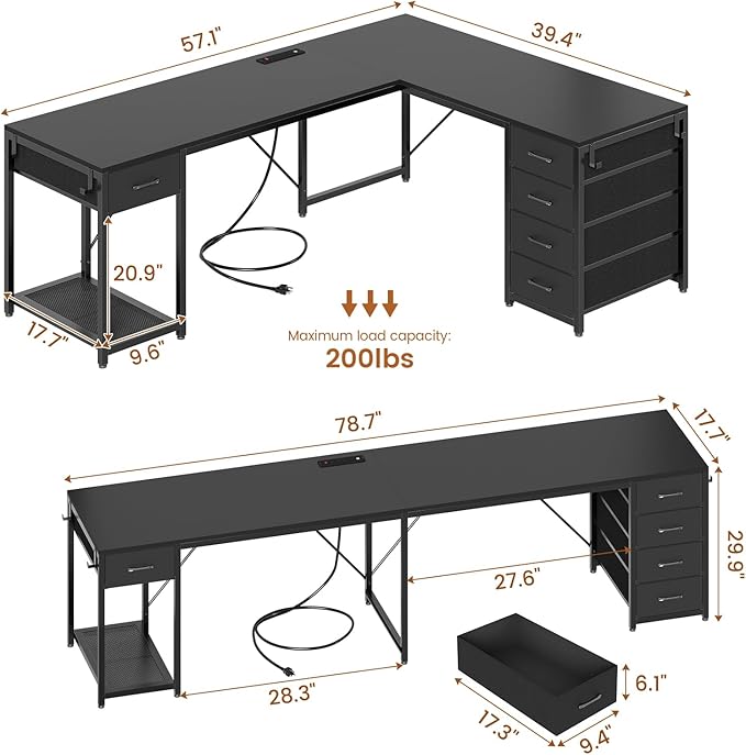 57" L Shaped Desk with 5 Drawers, Reversible Computer Corner Desk with Storage & Power Strip for Home Office, 78.7" Long 2 Person Desk, Black