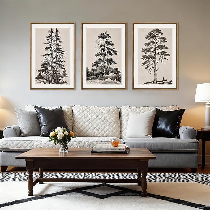ANHUIB Vintage Tree Sketch Framed Canvas Wall Art 24x36 Inch Neutral Wilderness Forest Paintings Retro Botanical Wall Decor Set of 3 Black and White Landscape Prints for Living Room Bedroom Office