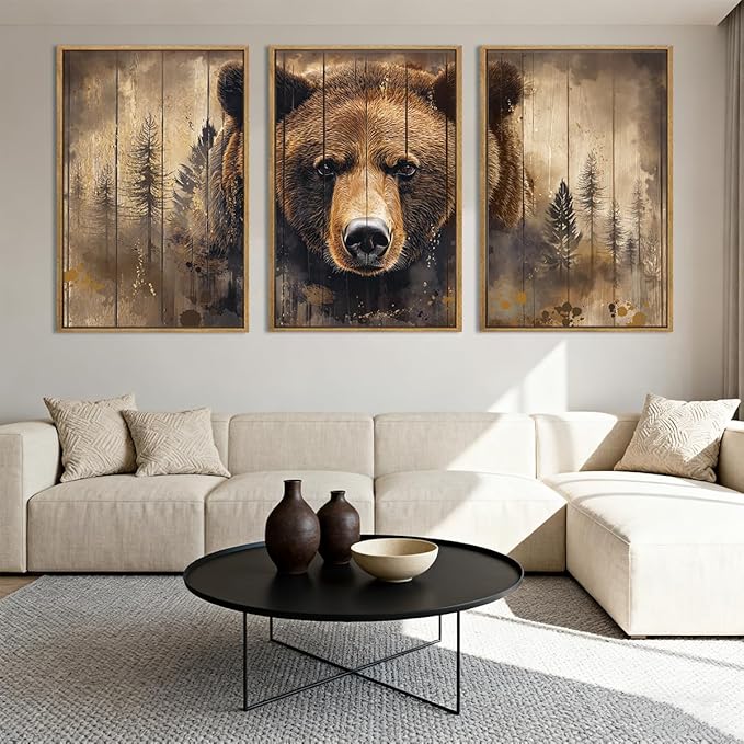 ANHUIB Brown Bear Wall Art 16x24 Inch Forest Paintings Rustic Wildlife Wall Decor Set of 3 for Living Room Bedroom Dining Room