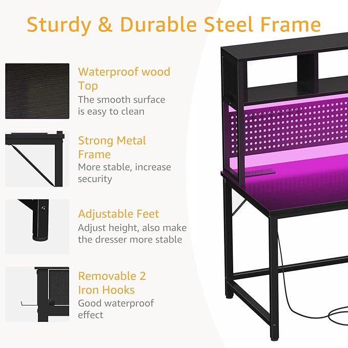 DLisiting Black Gaming Desk with Hutch and Pegboard - 47 Inch Gaming Desk with Shelves Storage Power Outlets, Computer Teen Work Study Writing Desks for Bedroom Home Office