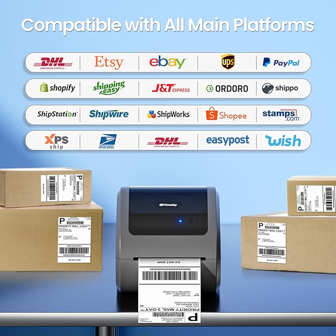 Bluetooth Shipping Label Printer with 1 Roll Labels - D520BT Thermal Label Printer, Thermal Printers with Built-in Label Holder, Come with 500PCS 4x6‬ White Labels (500 Labels/Roll)